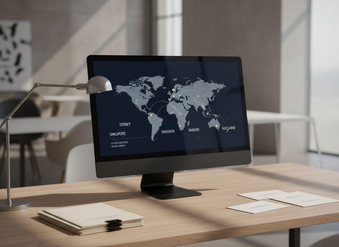 A sleek, minimal talent agency workspace featuring a large matte-black monitor displaying an elegant casting dashboard with city names like Sydney, Singapore, Shanghai, Bangkok, and Auckland in clean typography. The monitor rests on a light oak desk with neatly stacked casting scripts, crisp white headshot envelopes, and a stainless steel desk lamp. Soft daylight from an unseen window creates gentle reflections on the screen and subtle shadows across the desk. Shot at eye level with shallow depth of field, the background fades into a modern, neutral-toned office. The photographic realism emphasizes professionalism, precision, and global reach, with a calm, focused atmosphere and a clean, modern aesthetic suitable for a high-end international talent agency homepage.