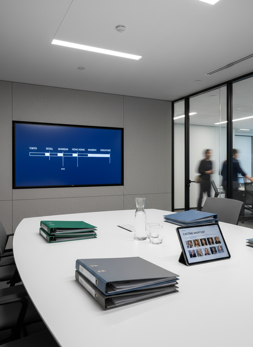 A contemporary meeting room table set for an international production briefing, featuring a large, wall-mounted digital screen displaying a minimalist project timeline labeled with diverse Asian cities. On the matte white table sit color-coordinated production binders, a slim silver tablet showing a casting shortlist, and a crystal water carafe with matching glasses. Neutral grey acoustic panels and a glimpse of glass-partitioned offices frame the background. Even, diffused overhead lighting produces soft shadows and clean highlights, emphasizing a crisp, photographic realism. Shot from a slightly low, wide-angle perspective to give a cinematic feel, the composition balances clarity and space, creating an atmosphere of quiet authority, strategic planning, and confident international collaboration.