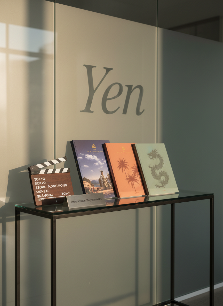 A sophisticated, glass-topped console in a reception area of a global talent agency, holding a curated display of objects symbolizing Asian screen industries: a small polished clapperboard engraved with multiple city names, a stack of beautifully printed location lookbooks with vivid covers, and a minimalist brushed-steel plaque etched with “International Representation”. Behind, a frosted glass wall subtly features the word “Yen” in refined lettering, softly blurred. Natural daylight pours in from one side, producing delicate reflections in the glass and metallic surfaces and casting elongated shadows across the console. Captured in photographic realism at eye level with a shallow depth of field, the scene feels composed, welcoming, and distinctly premium, reflecting a calm yet dynamic professional identity.