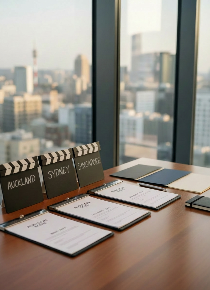 Asian Actors An ultra-organized casting director’s table with meticulously arranged audition materials: labeled slate boards bearing city names, neatly stacked script pages clipped with brushed metal binders, and a row of blank, high-quality portfolio folders in subtle shades of charcoal, navy, and cream. A modern glass wall in the background reveals a blurred skyline hinting at an international city. Soft afternoon light filters through, creating a gentle gradient across the table surface and faint reflections in the glass. Captured with photographic realism at a three-quarter angle, the composition uses the rule of thirds, with sharp focus on the foreground materials and a softly defocused background, evoking precision, discretion, and high-end professionalism in talent management.